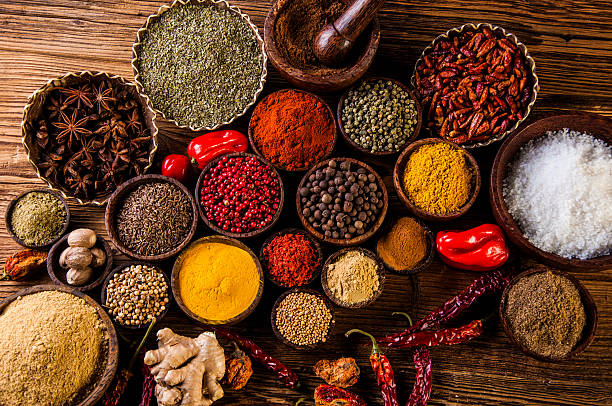 traditional oriental spices in indonesian bowls